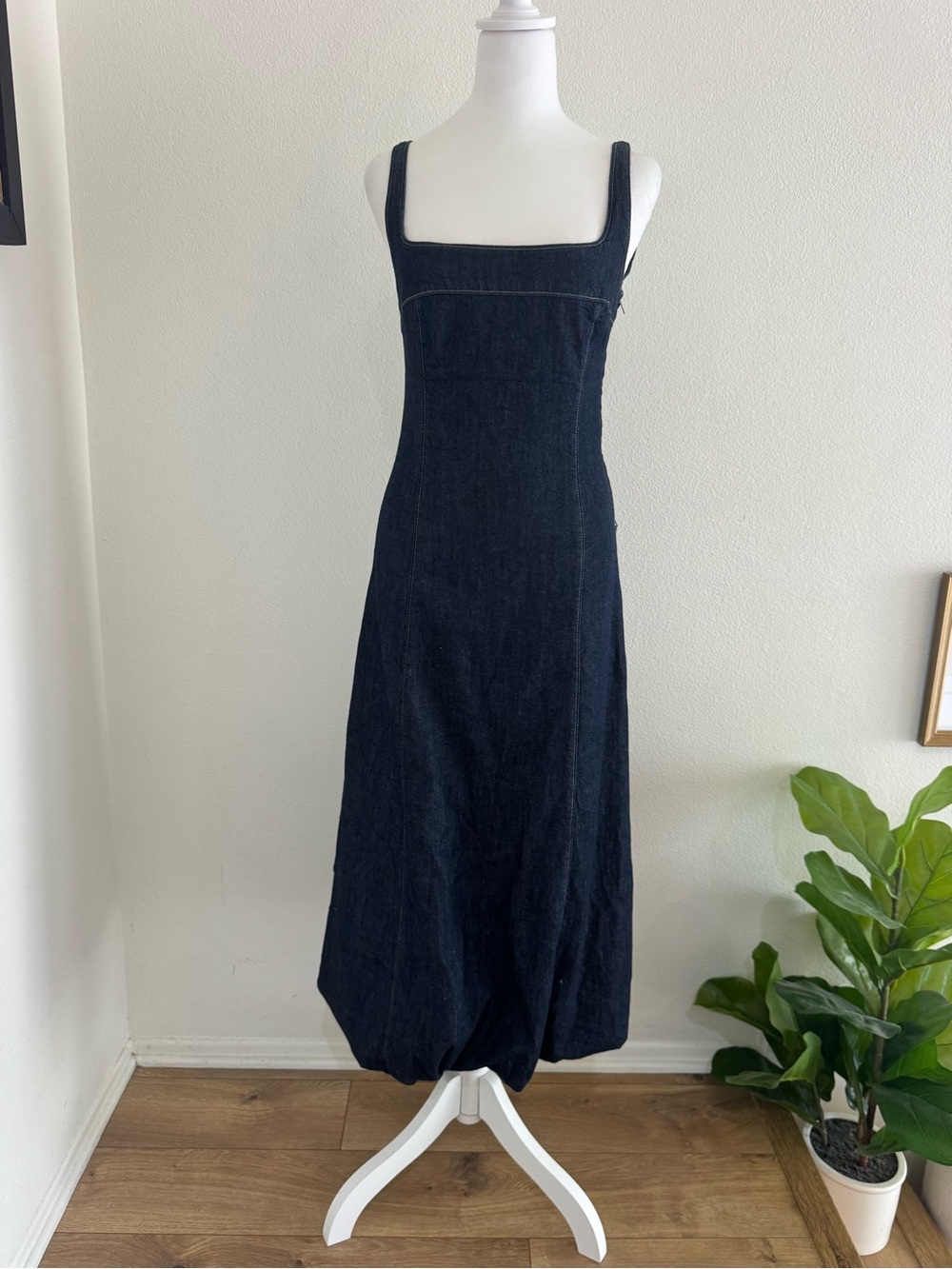 Zara Dark Blue Denim Maxi Dress with Square Neck & Balloon bottom